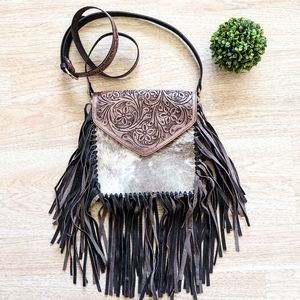 Genuine Tooled Leather and Cowhide Crossbody Bag with Fringe